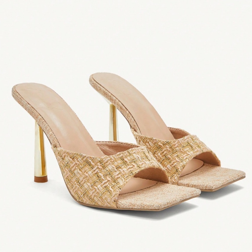🆕 Square Toe Tweed / Linen Mule Sandals - Picture 2 of 9